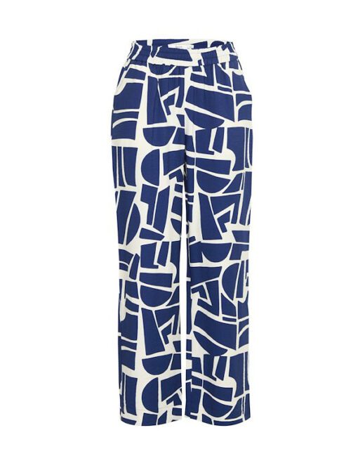 Mønstrede bukser fra b.Young: BYIHAMMA PANTS, med bredt snit og høj talje, vist forfra på produktbillede.